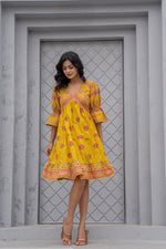 Thumbnail for Juniper Mustard Printed Fit & Flare Dress with Tribal Border