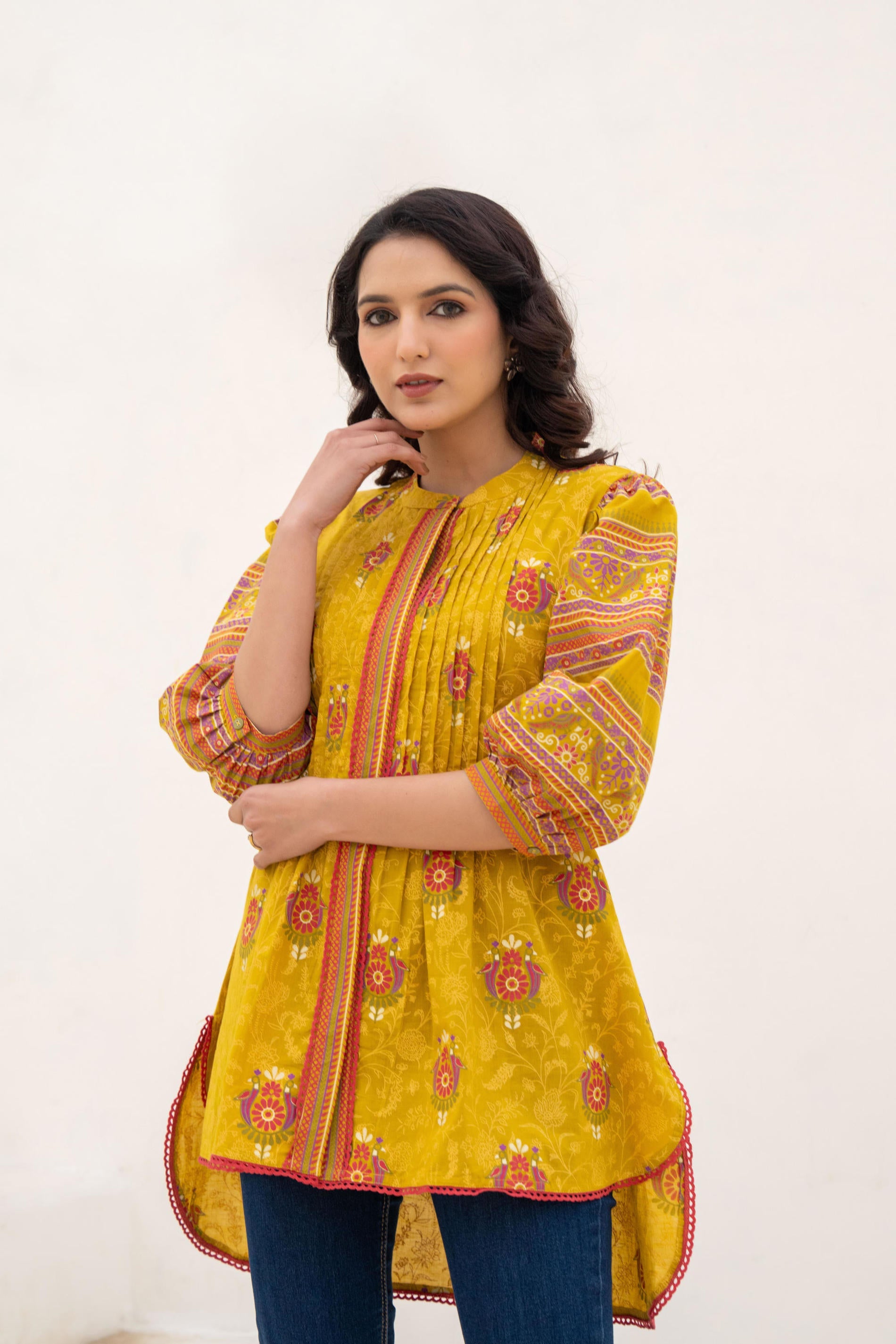 Juniper Mustard Printed Pleated Tunic with Puff Sleeves - Distacart