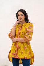 Thumbnail for Juniper Mustard Printed Pleated Tunic With Puff Sleeves - Distacart