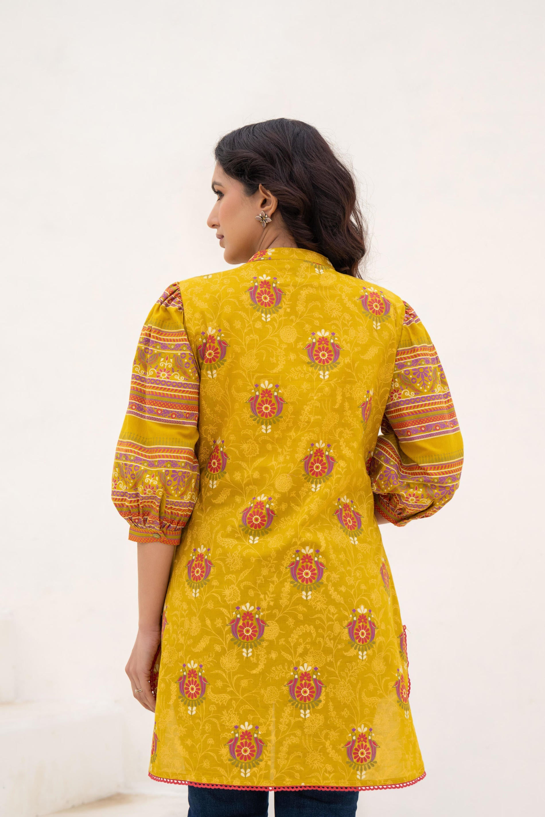 Juniper Mustard Printed Pleated Tunic With Puff Sleeves - Distacart