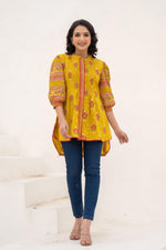 Thumbnail for Juniper Mustard Printed Pleated Tunic With Puff Sleeves - Distacart