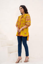 Thumbnail for Juniper Mustard Printed Pleated Tunic With Puff Sleeves - Distacart