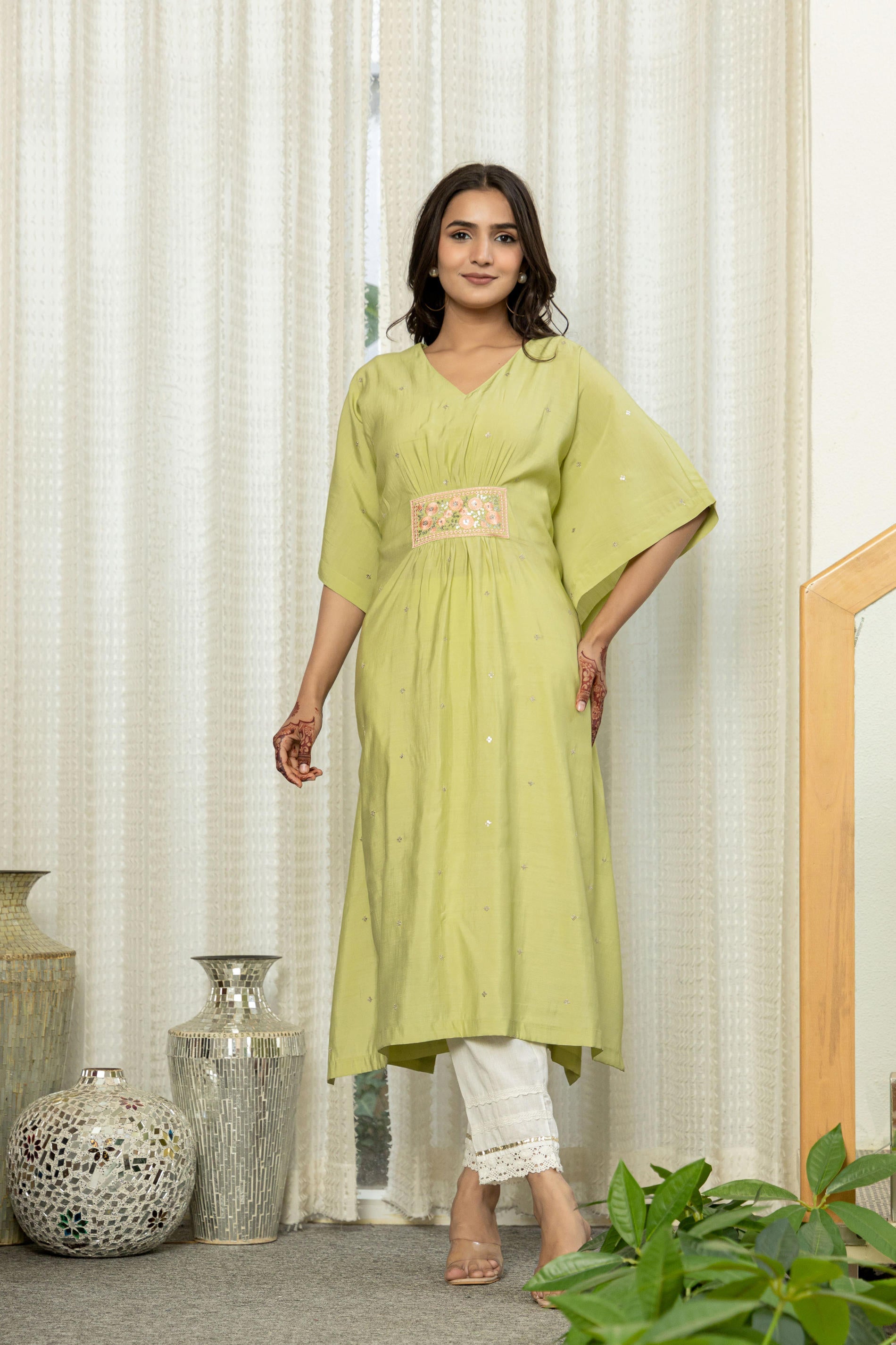 Juniper Green Solid Viscose Kaftan With Sequins & Thread Work - Distacart