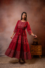 Thumbnail for Juniper Rangriti Noor Maroon Handcrafted Boho Dress - Distacart
