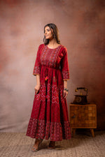 Thumbnail for Juniper Rangriti Noor Maroon Handcrafted Boho Dress - Distacart