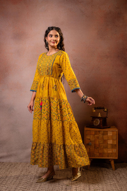 Juniper Rangriti Noor Mustard Handcrafted Boho Dress - Distacart