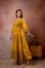 Thumbnail for Juniper Rangriti Noor Mustard Handcrafted Boho Dress - Distacart