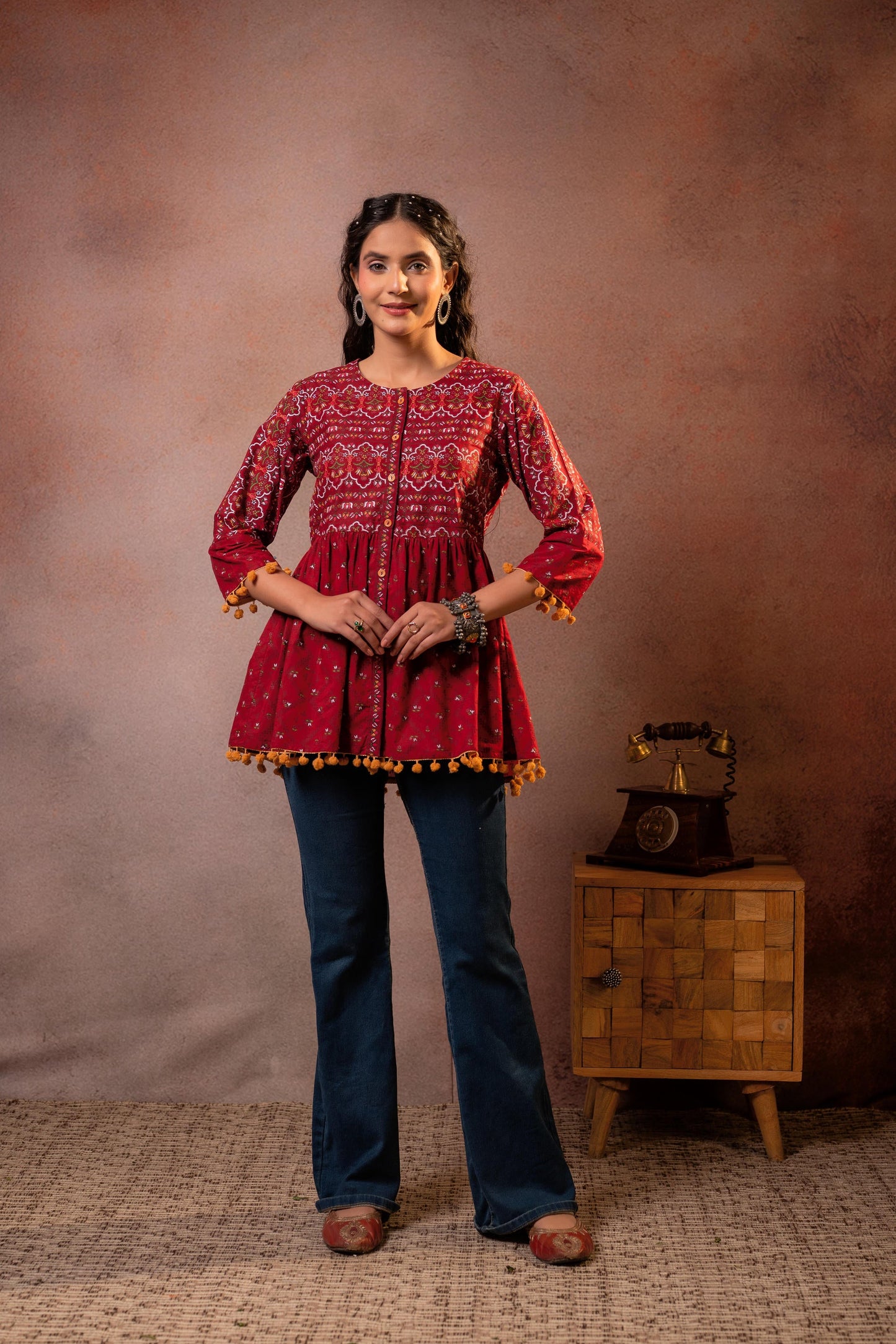 Juniper Rust Red Maroon Printed Ethnic Tunic with Tassel,pompom Details - Distacart