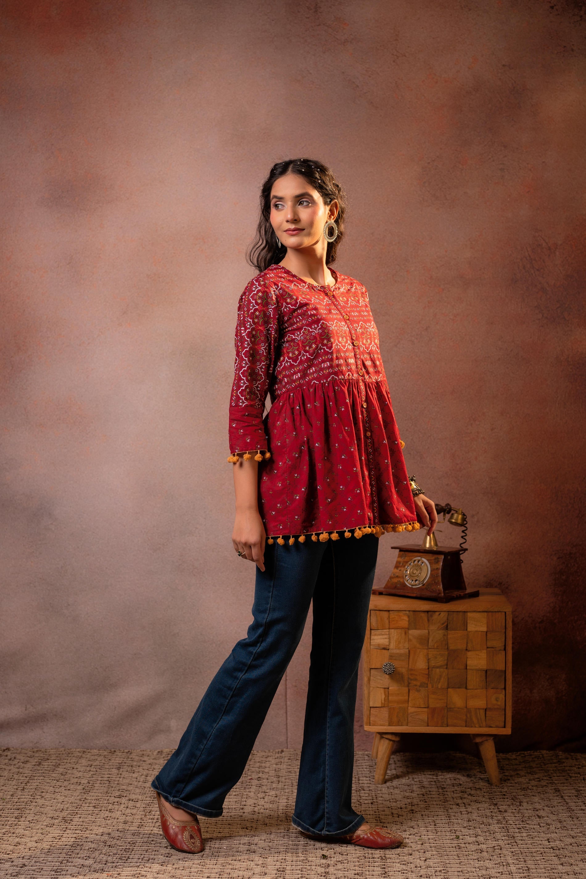 Juniper Rust Red Maroon Printed Ethnic Tunic with Tassel,pompom Details - Distacart