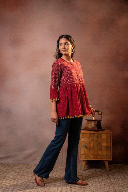 Juniper Rust Red Maroon Printed Ethnic Tunic with Tassel,pompom Details - Distacart