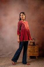 Thumbnail for Juniper Rust Red Maroon Printed Ethnic Tunic with Tassel,pompom Details - Distacart