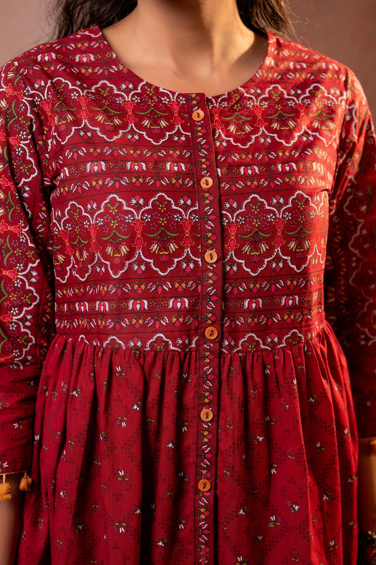 Juniper Rust Red Maroon Printed Ethnic Tunic with Tassel,pompom Details - Distacart