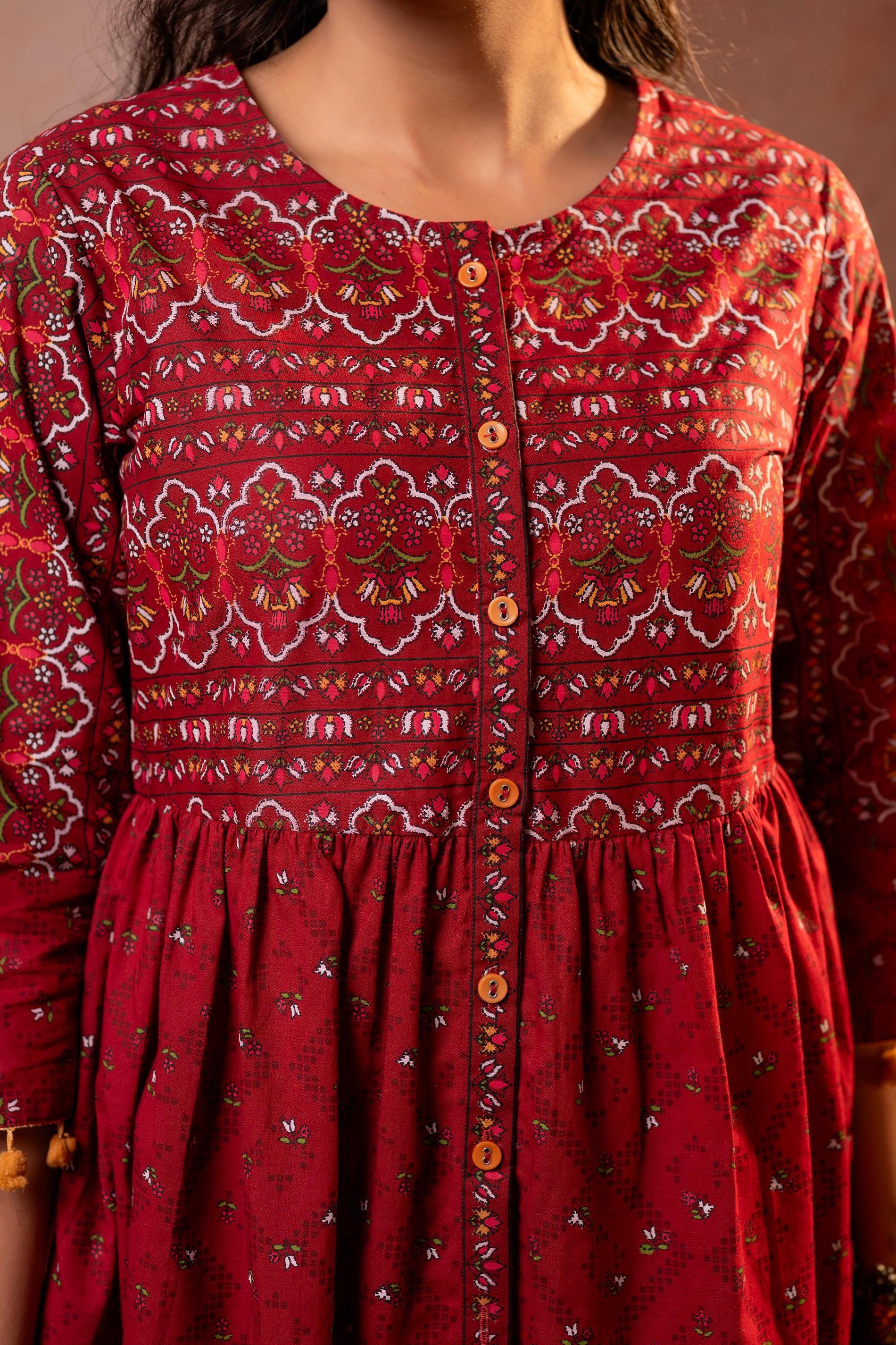 Juniper Rust Red Maroon Printed Ethnic Tunic with Tassel,pompom Details - Distacart