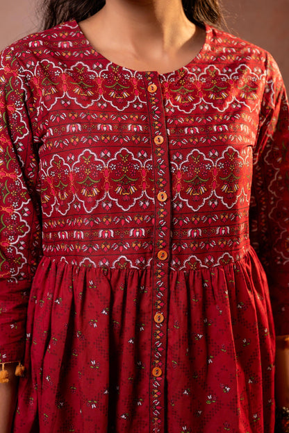 Juniper Rust Red Maroon Printed Ethnic Tunic with Tassel,pompom Details - Distacart