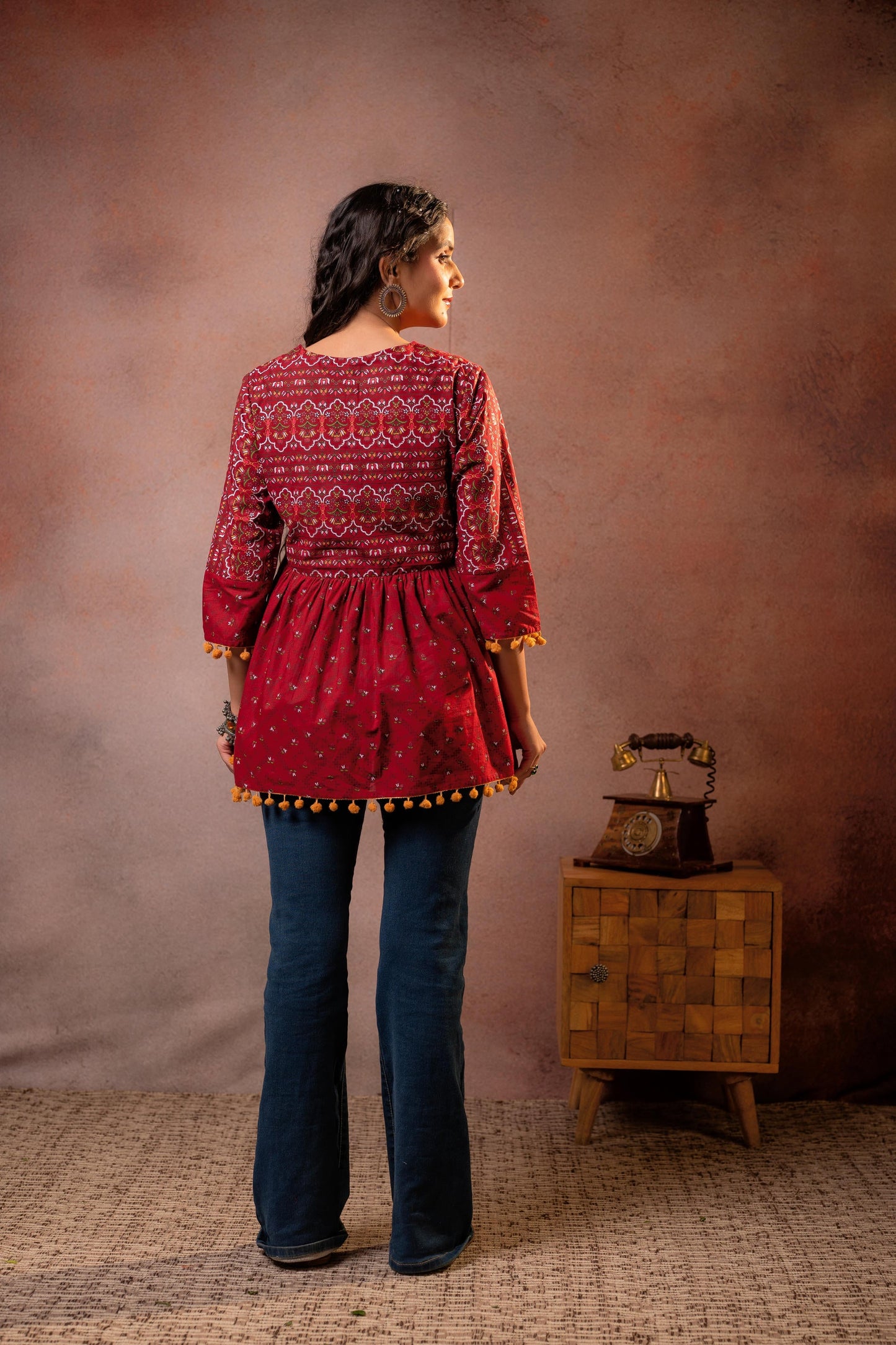 Juniper Rust Red Maroon Printed Ethnic Tunic with Tassel,pompom Details - Distacart