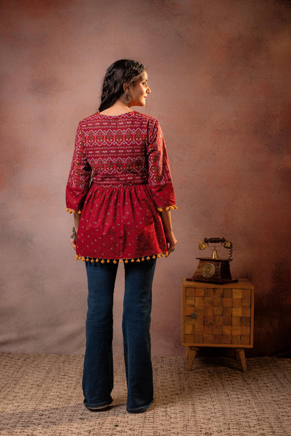 Juniper Rust Red Maroon Printed Ethnic Tunic with Tassel,pompom Details - Distacart