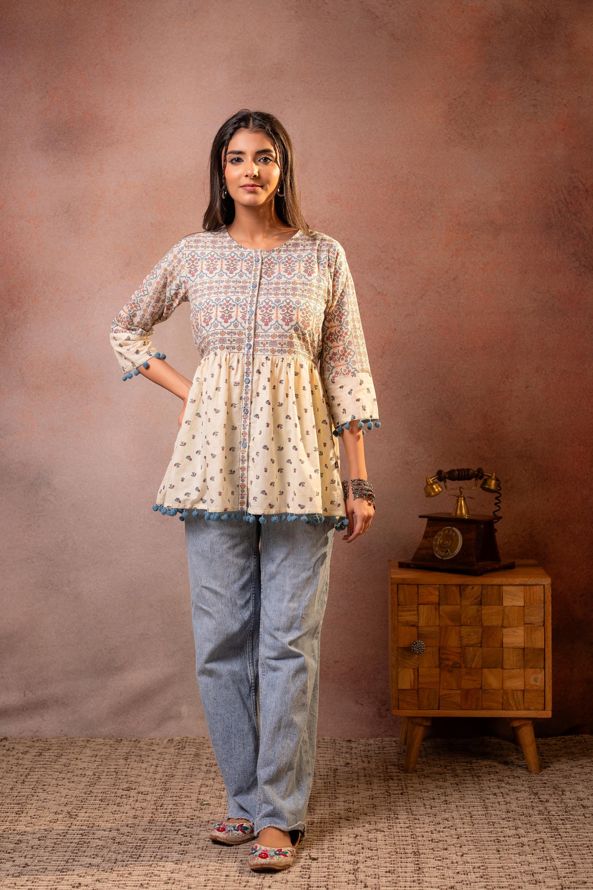 Juniper Off-White Printed Ethnic Tunic with Tassel,pompom Details - Distacart
