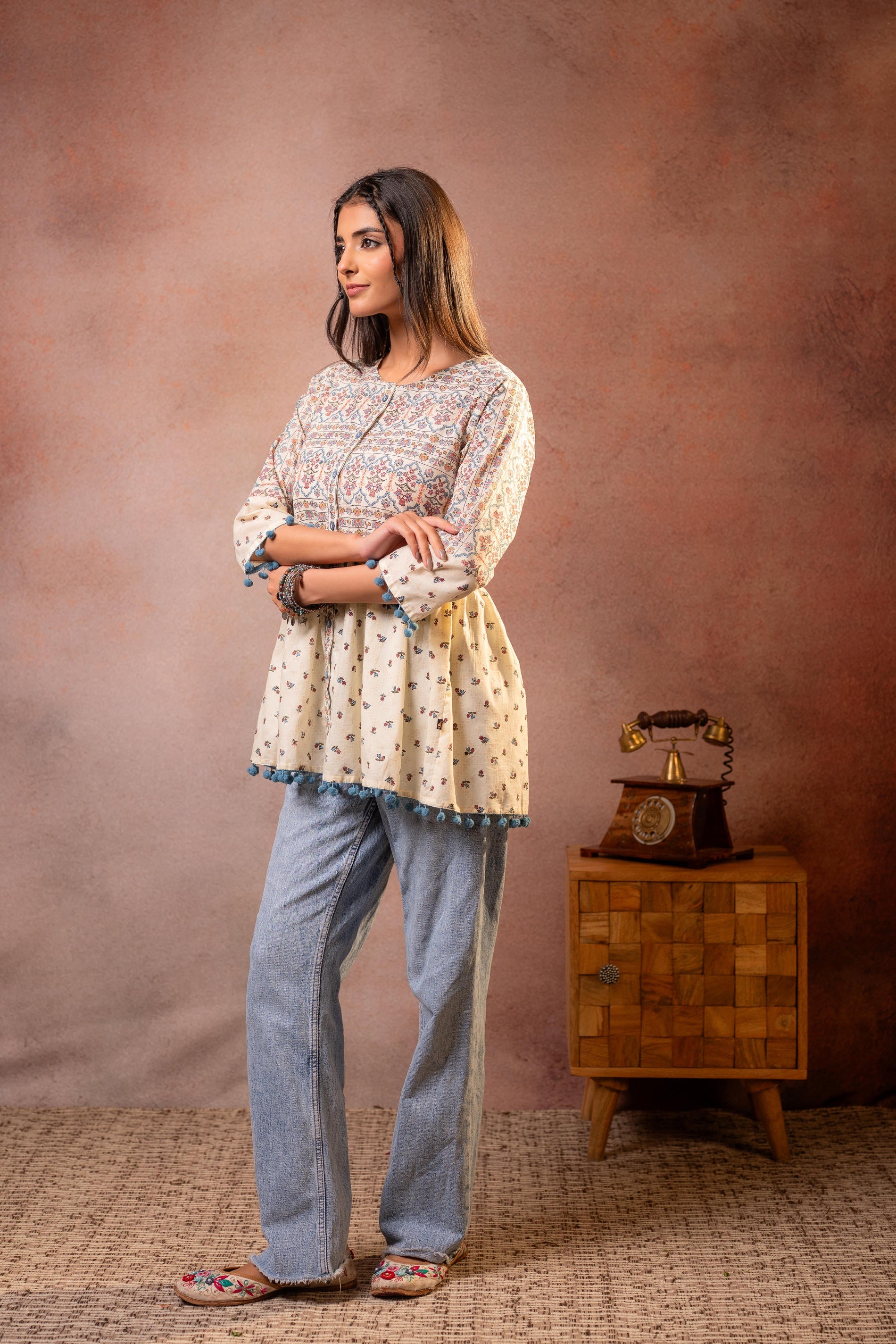 Juniper Off-White Printed Ethnic Tunic with Tassel,pompom Details - Distacart