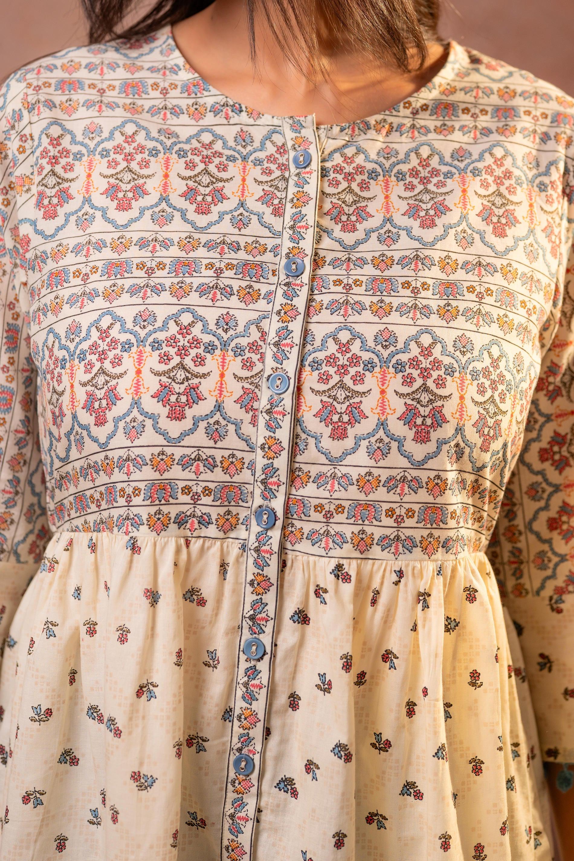 Juniper Off-White Printed Ethnic Tunic with Tassel,pompom Details - Distacart
