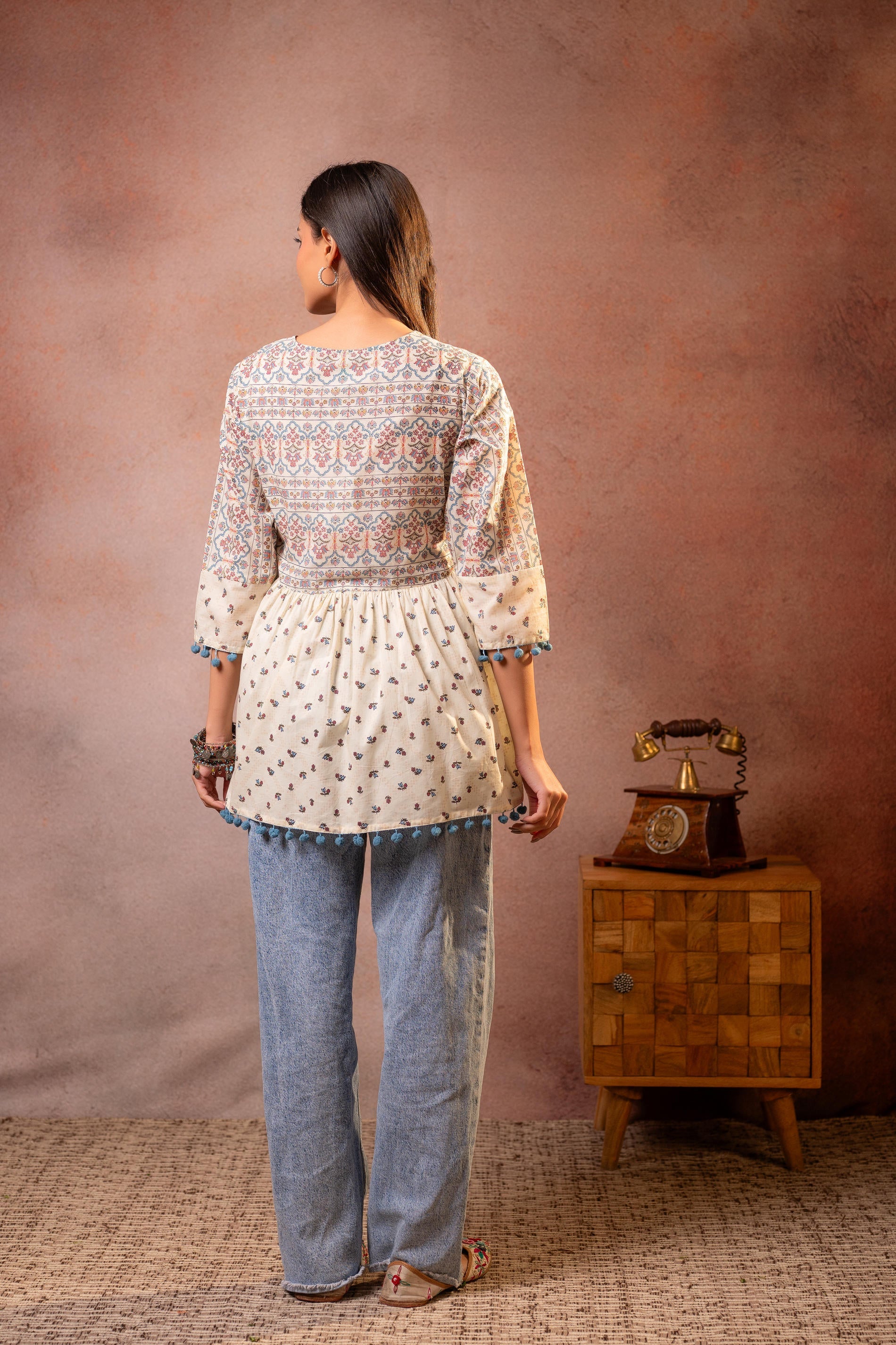 Juniper Off-White Printed Ethnic Tunic with Tassel,pompom Details - Distacart