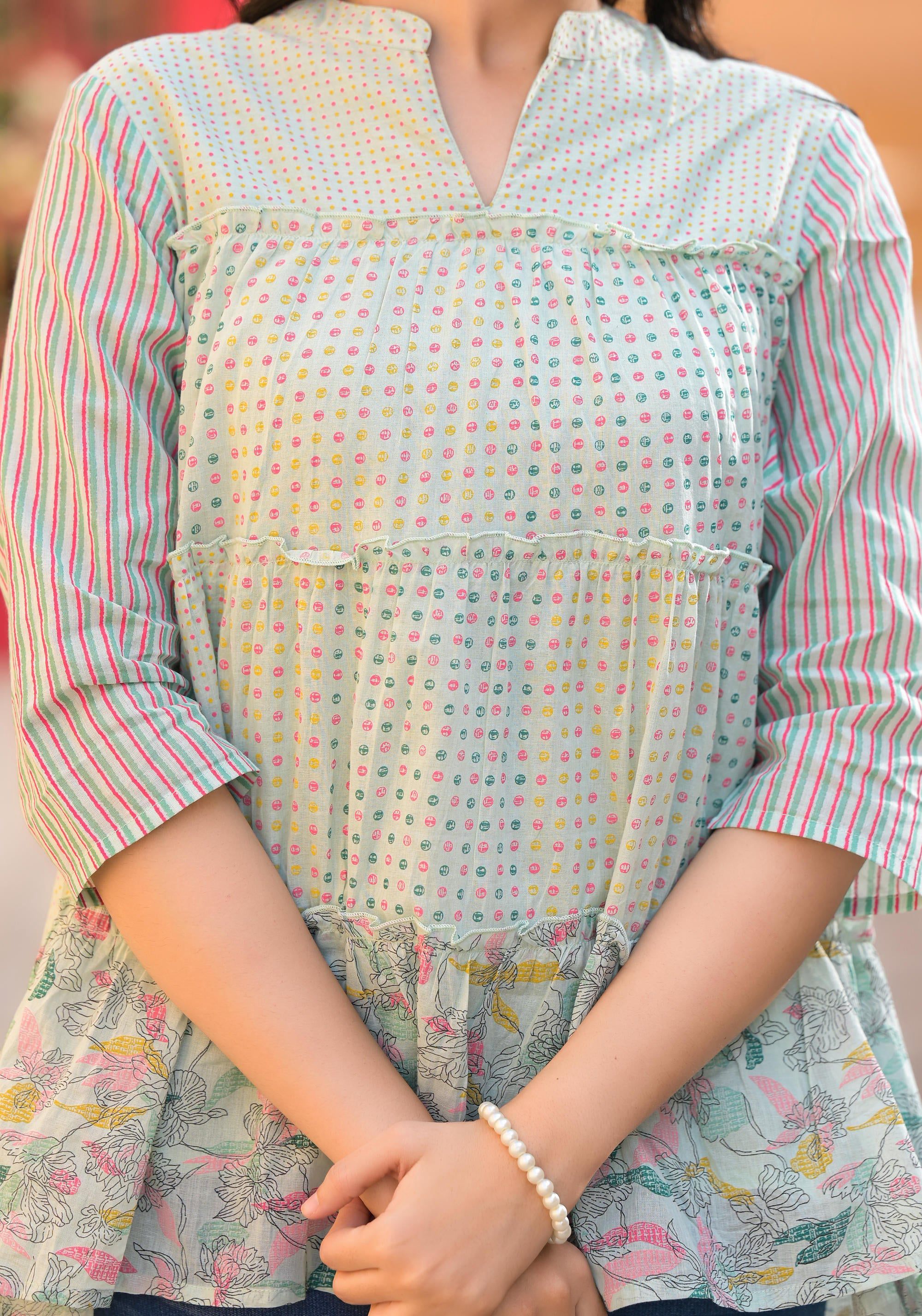 Juniper Pista Green Floral Printed Cotton Gathered Tunic