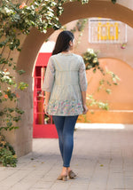 Thumbnail for Juniper Women's Pista Green Floral Printed Cotton Gathered Tunic - Distacart