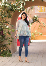 Thumbnail for Juniper Women's Pista Green Floral Printed Cotton Gathered Tunic - Distacart