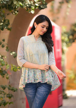 Thumbnail for Juniper Women's Pista Green Floral Printed Cotton Gathered Tunic - Distacart