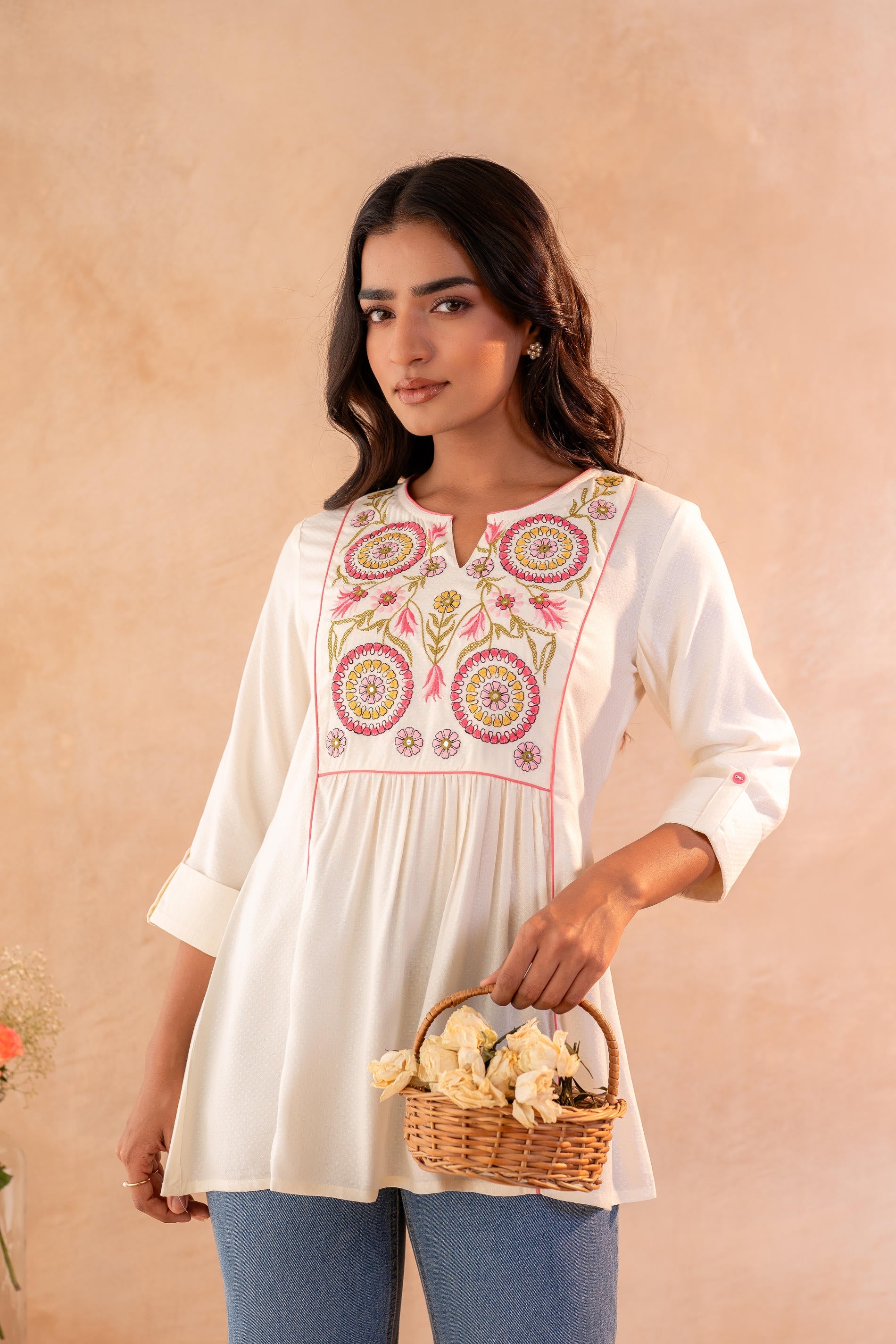 Juniper Off-White Printed Yoke Flared Ethnic Tunic - Distacart