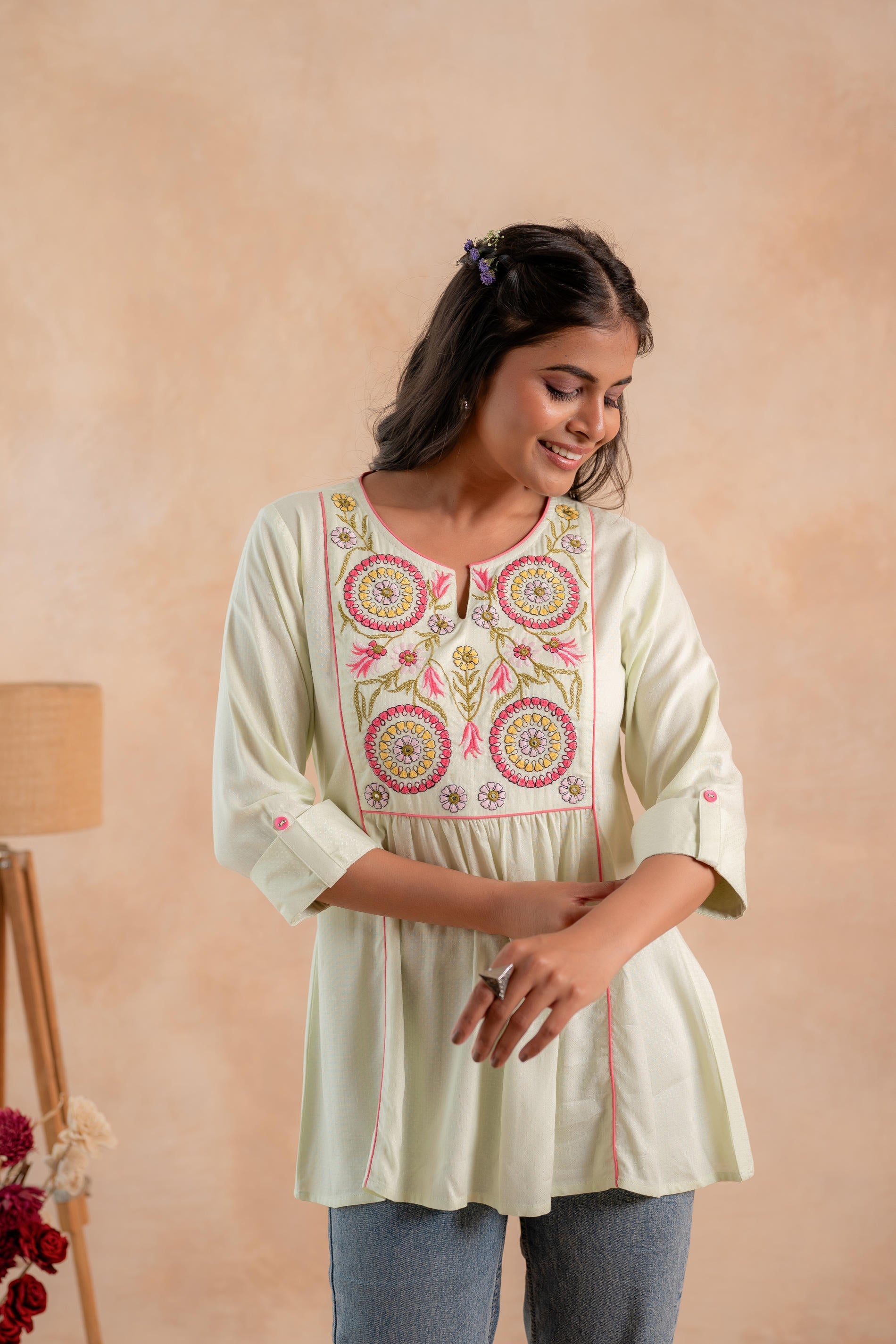 Juniper Pistagreen Printed Yoke Flared Ethnic Tunic - Distacart
