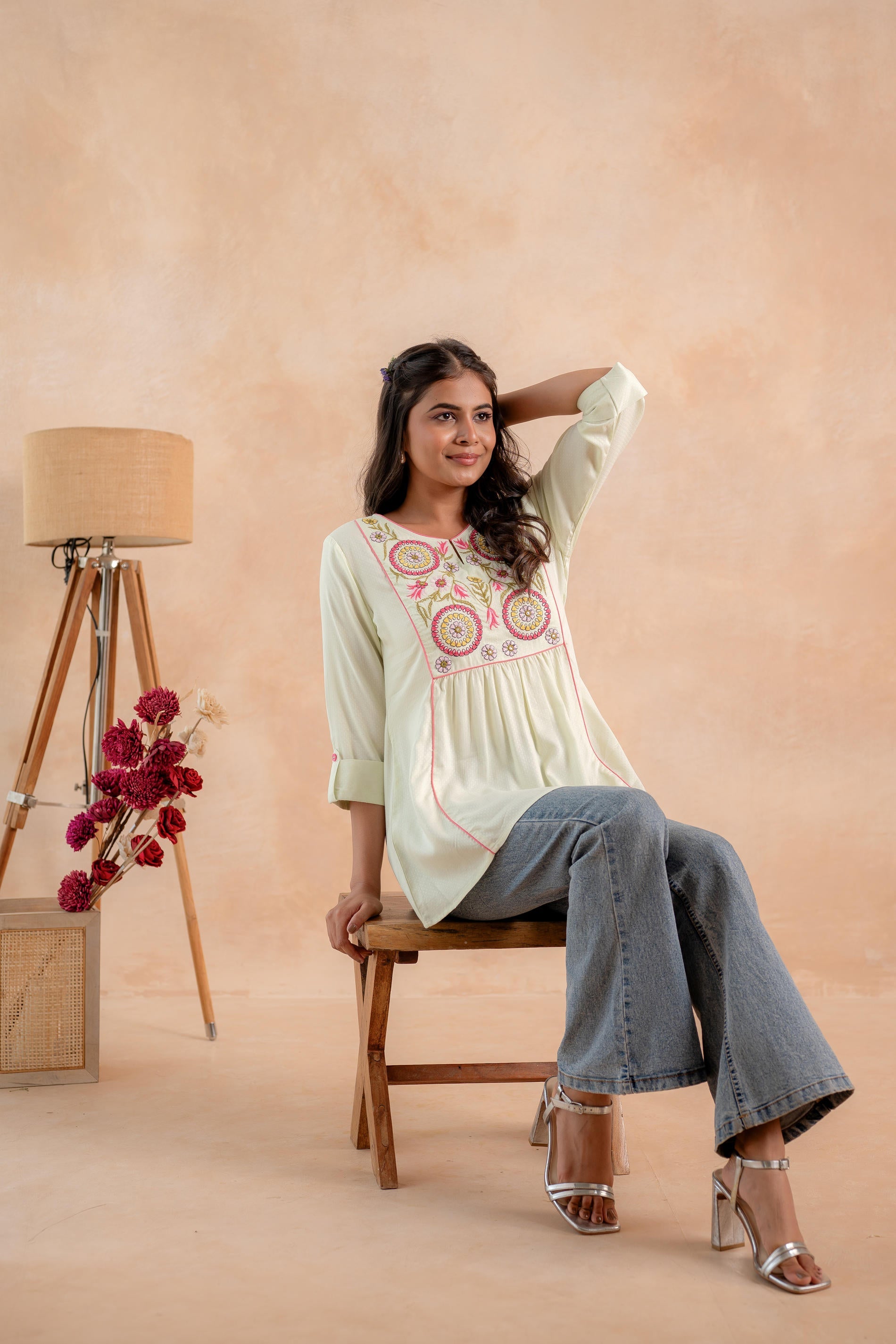 Juniper Pistagreen Printed Yoke Flared Ethnic Tunic - Distacart