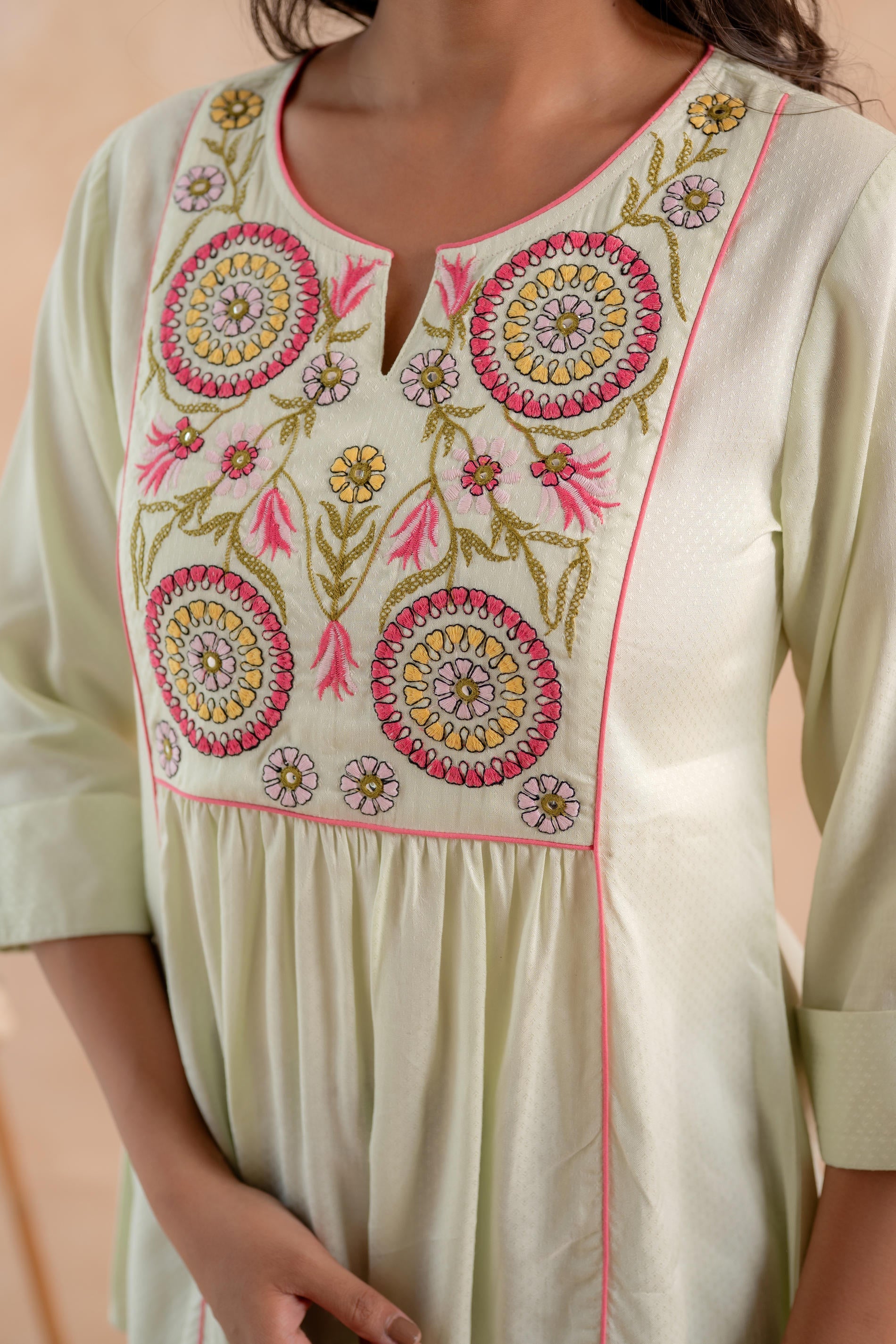 Juniper Pistagreen Printed Yoke Flared Ethnic Tunic - Distacart