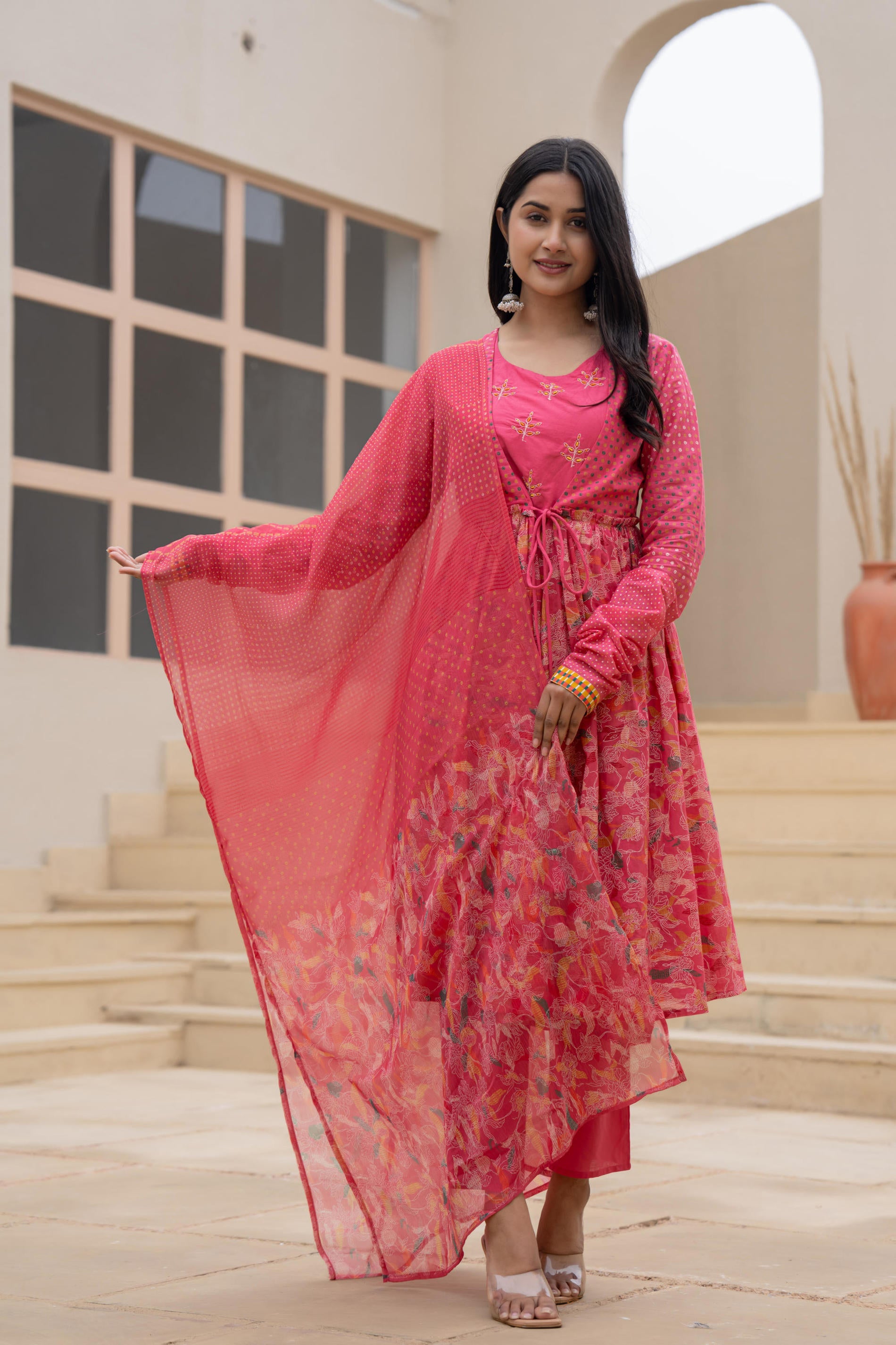 Juniper Fuchsia Embroidered & Printed Layered Dress Set with Dupatta