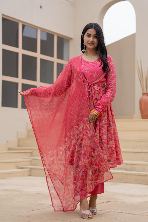 Buy Juniper Fuchsia Embroidered & Printed Layered Dress Set With Dupatta  Online at Low Prices