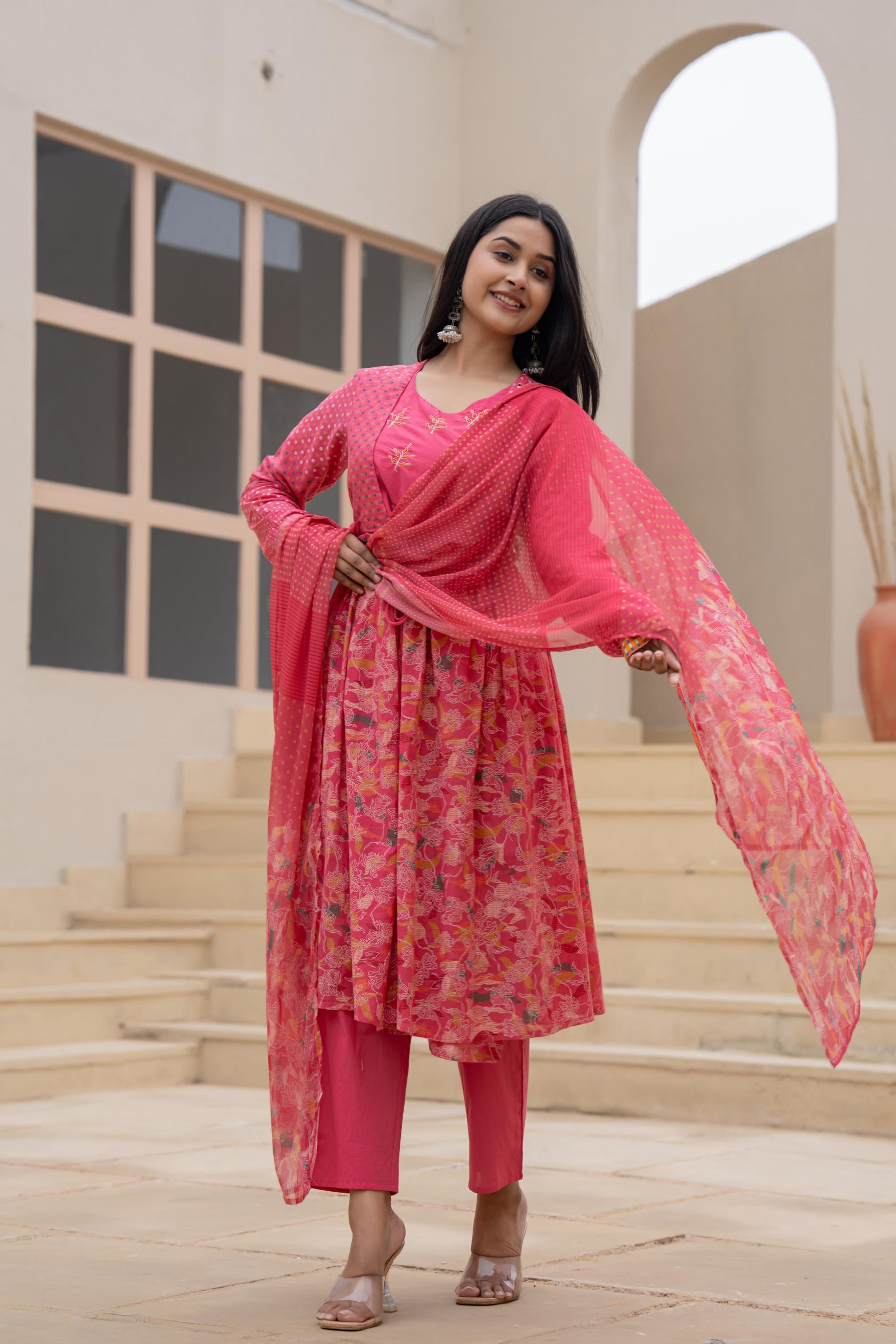 Juniper Fuchsia Embroidered & Printed Layered Dress Set with Dupatta