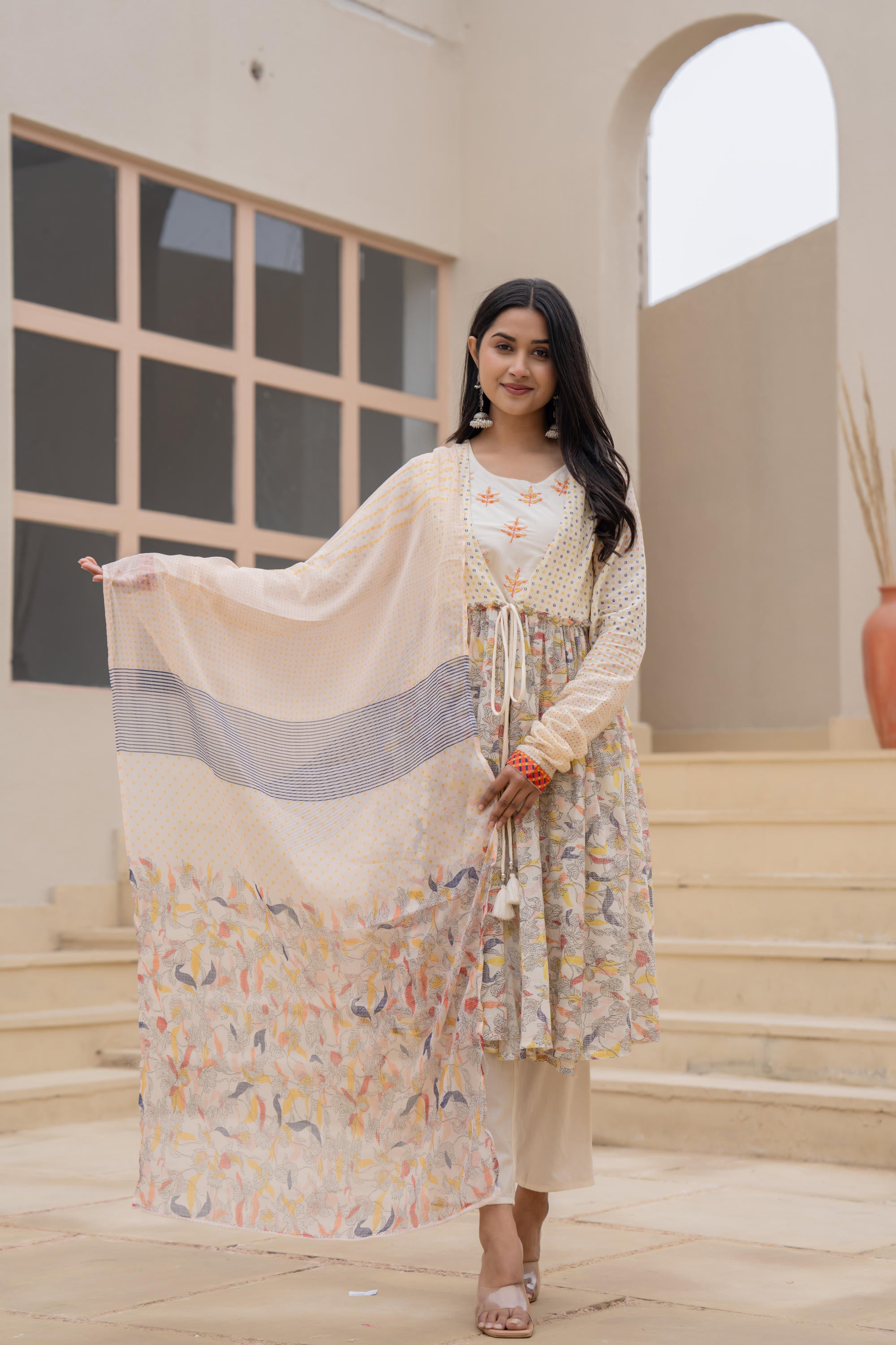 Juniper Ivory Embroidered & Printed Layered Dress Set with Dupatta - Distacart