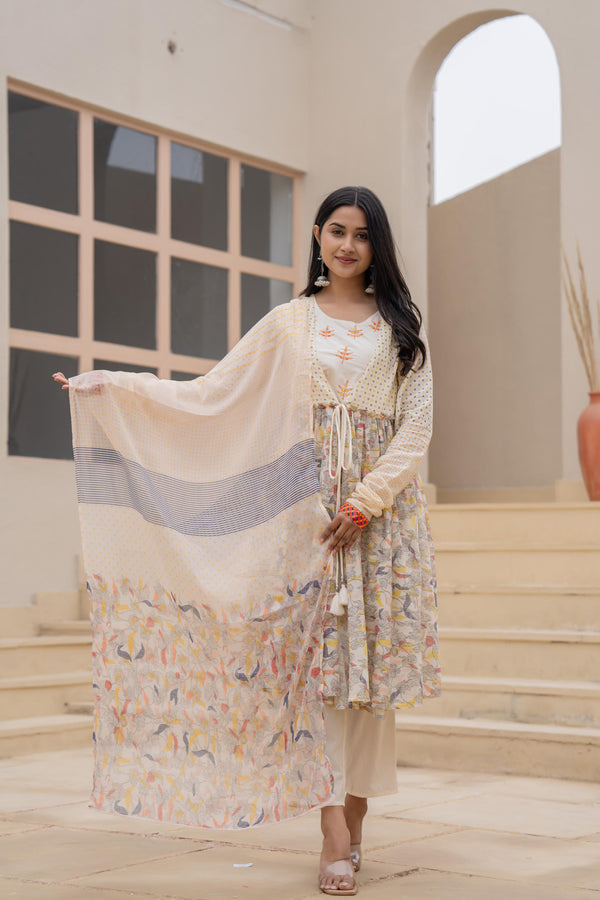 Juniper Ivory Embroidered & Printed Layered Dress Set with Dupatta