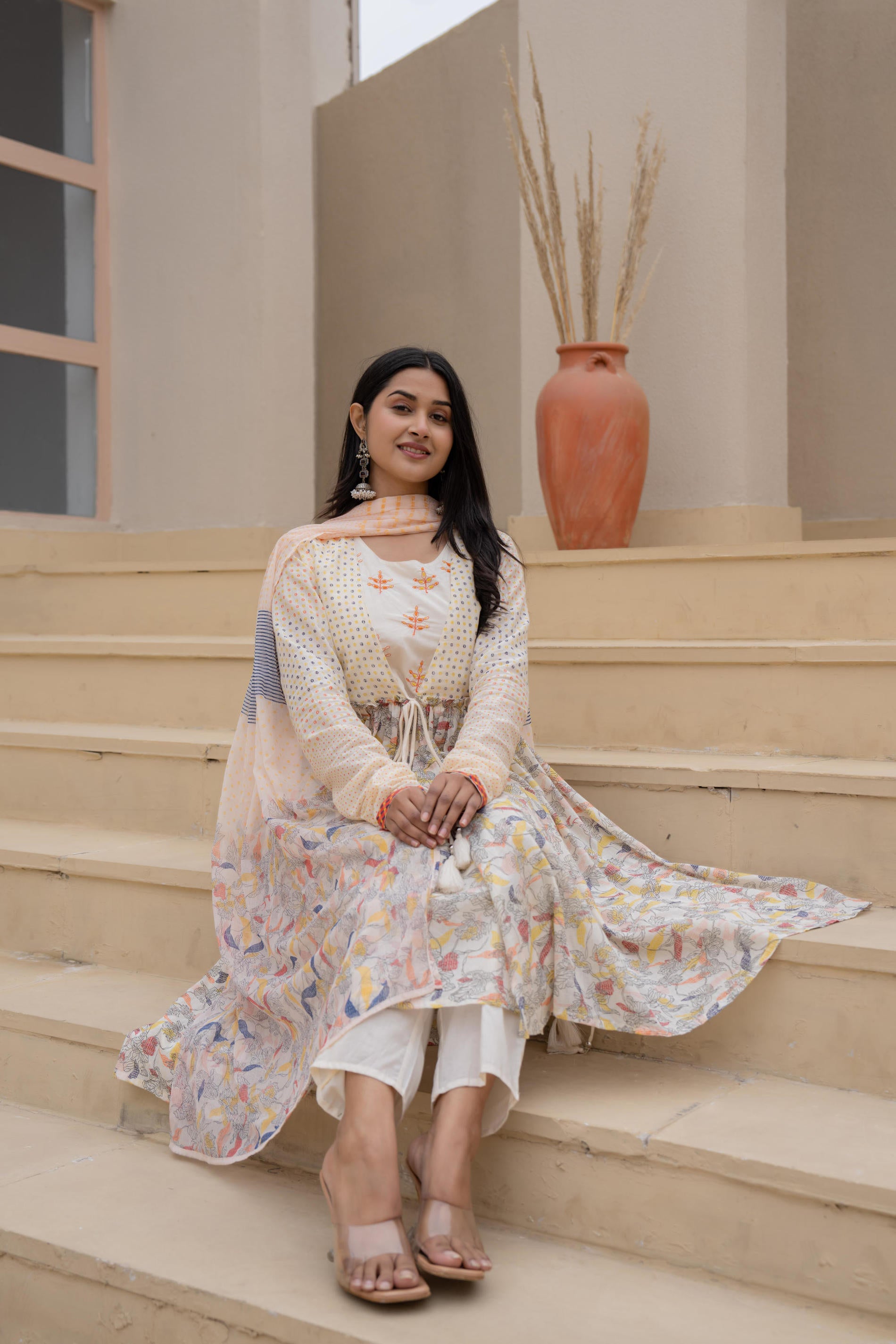 Juniper Ivory Embroidered & Printed Layered Dress Set With Dupatta - Distacart