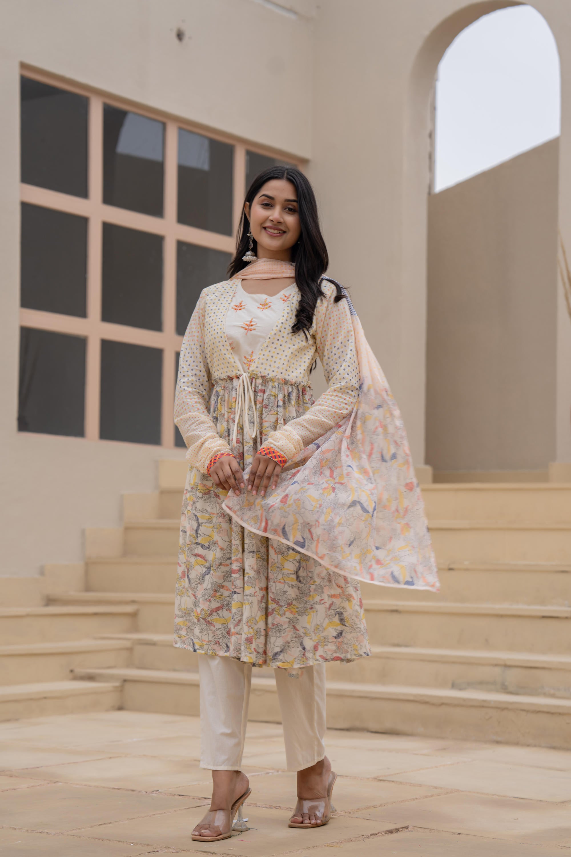 Juniper Ivory Embroidered & Printed Layered Dress Set with Dupatta