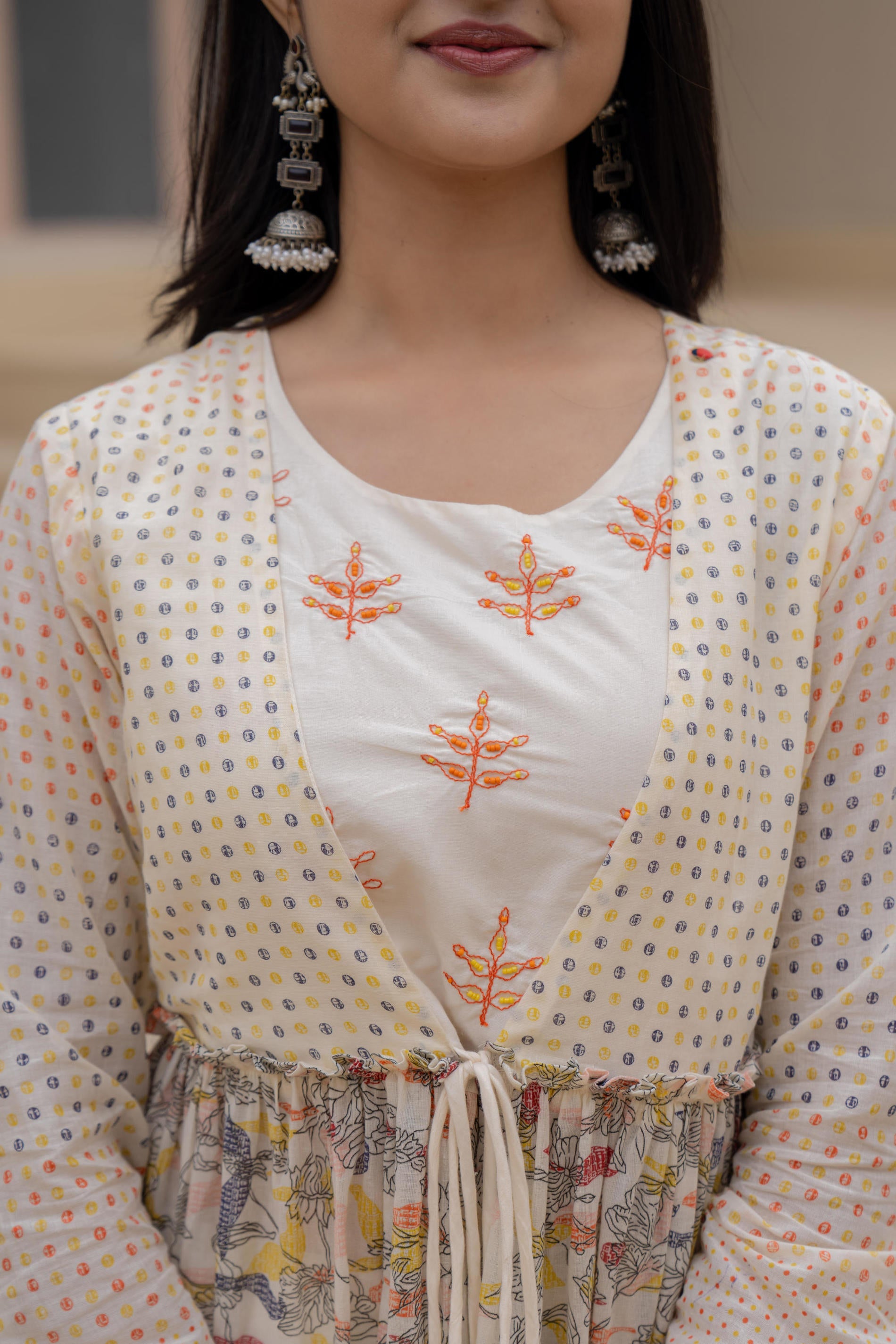 Juniper Ivory Embroidered & Printed Layered Dress Set with Dupatta
