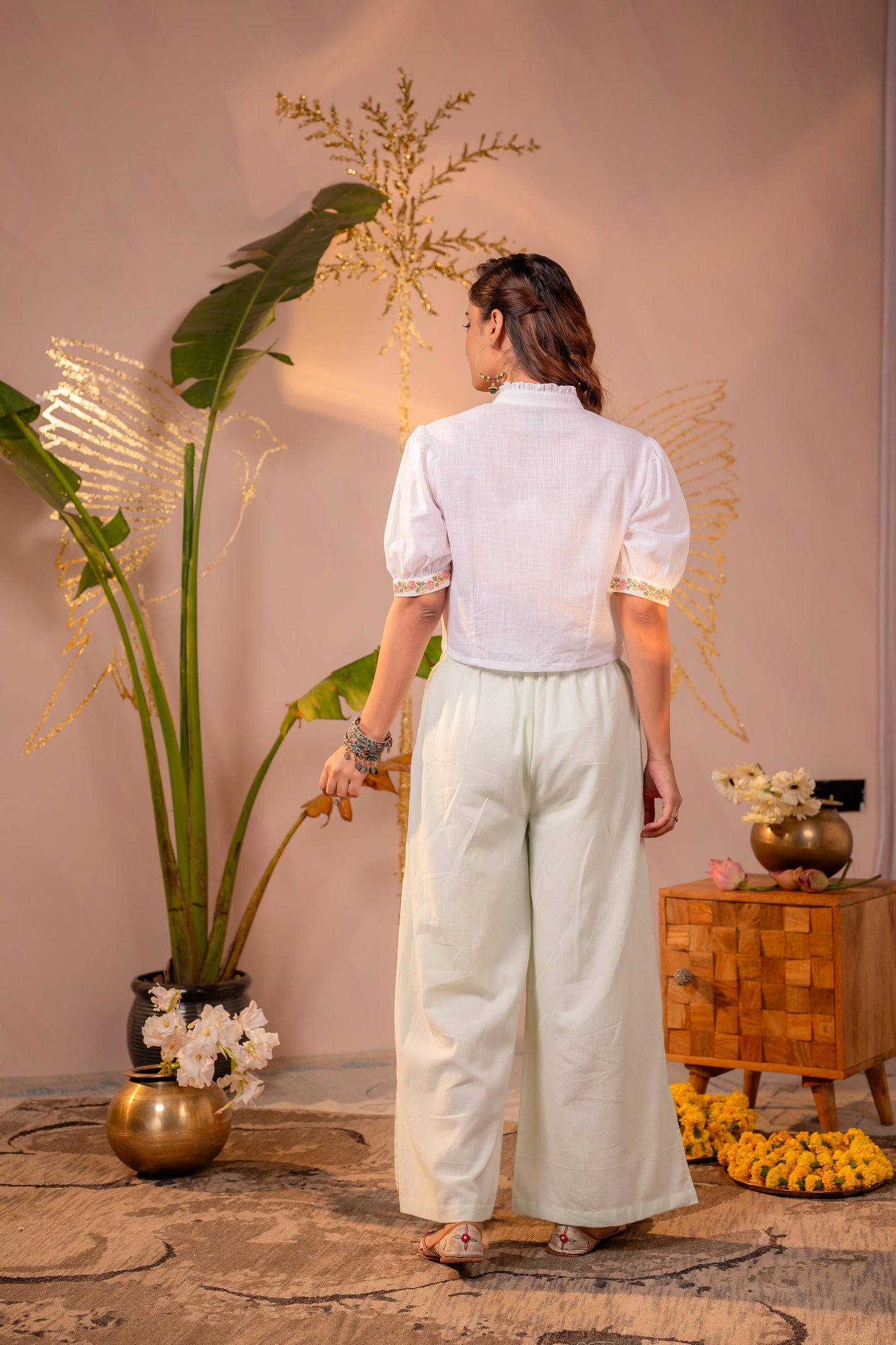 Juniper PistaGreen & White Bloom Pintuck Co-Ord Set - Distacart