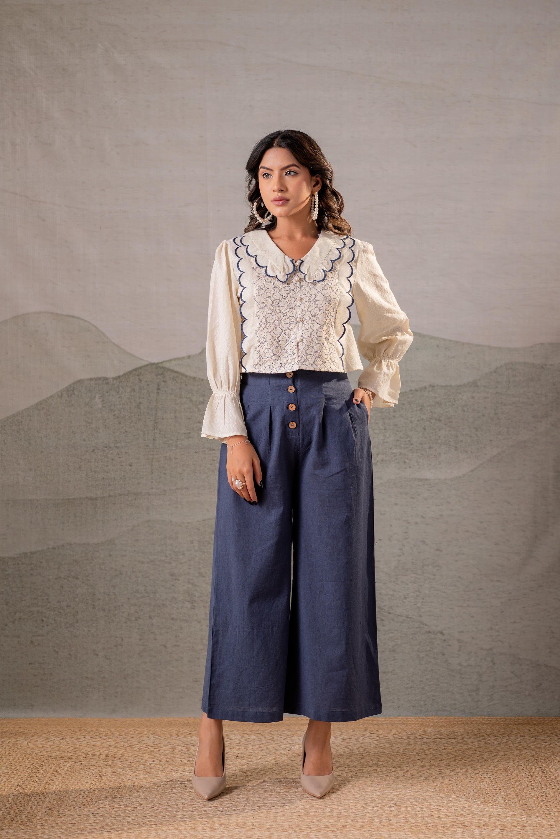 Juniper Off-White Scallop Bloom Top with Navy Tailored Pants - Distacart