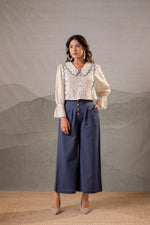 Thumbnail for Juniper Off-White Scallop Bloom Top with Navy Tailored Pants - Distacart