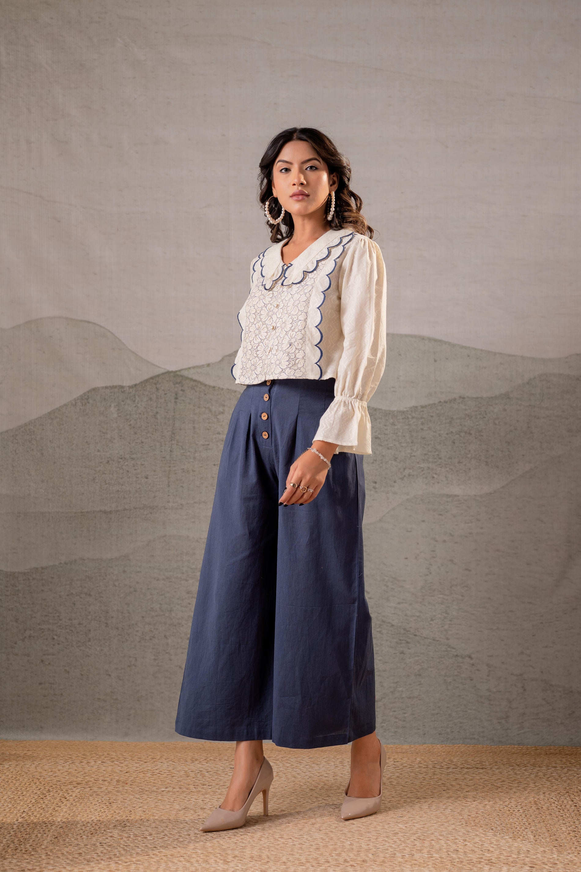 Juniper Off-White Scallop Bloom Top with Navy Tailored Pants - Distacart