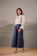 Thumbnail for Juniper Off-White Scallop Bloom Top with Navy Tailored Pants - Distacart