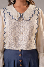 Thumbnail for Juniper Off-White Scallop Bloom Top with Navy Tailored Pants - Distacart