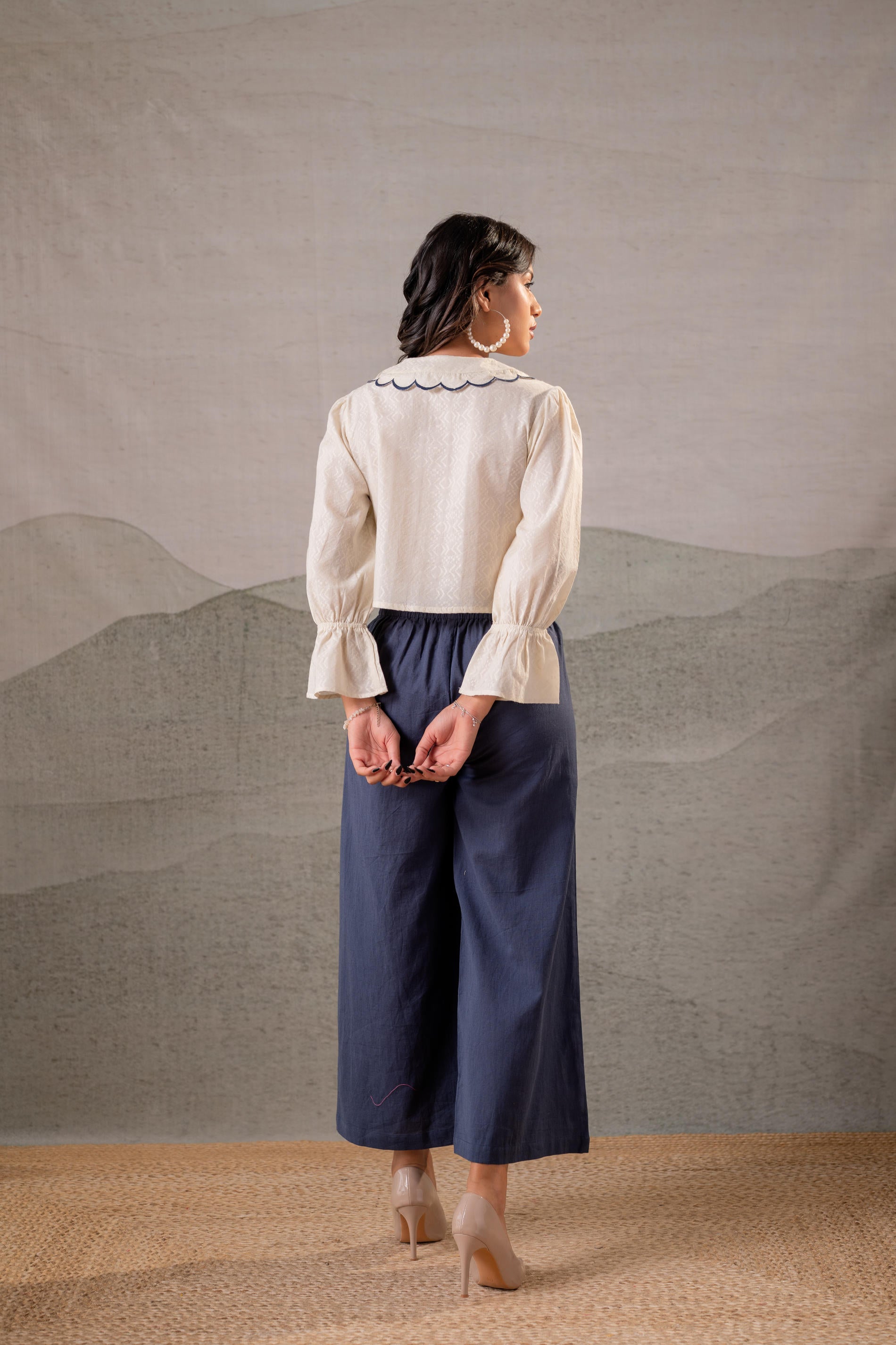 Juniper Off-White Scallop Bloom Top with Navy Tailored Pants - Distacart