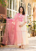 Thumbnail for Juniper Ivory Ethnic Motif Printed Cotton Kurta Palazzo And Dupatta Set With Thread & Mirror Work - Distacart
