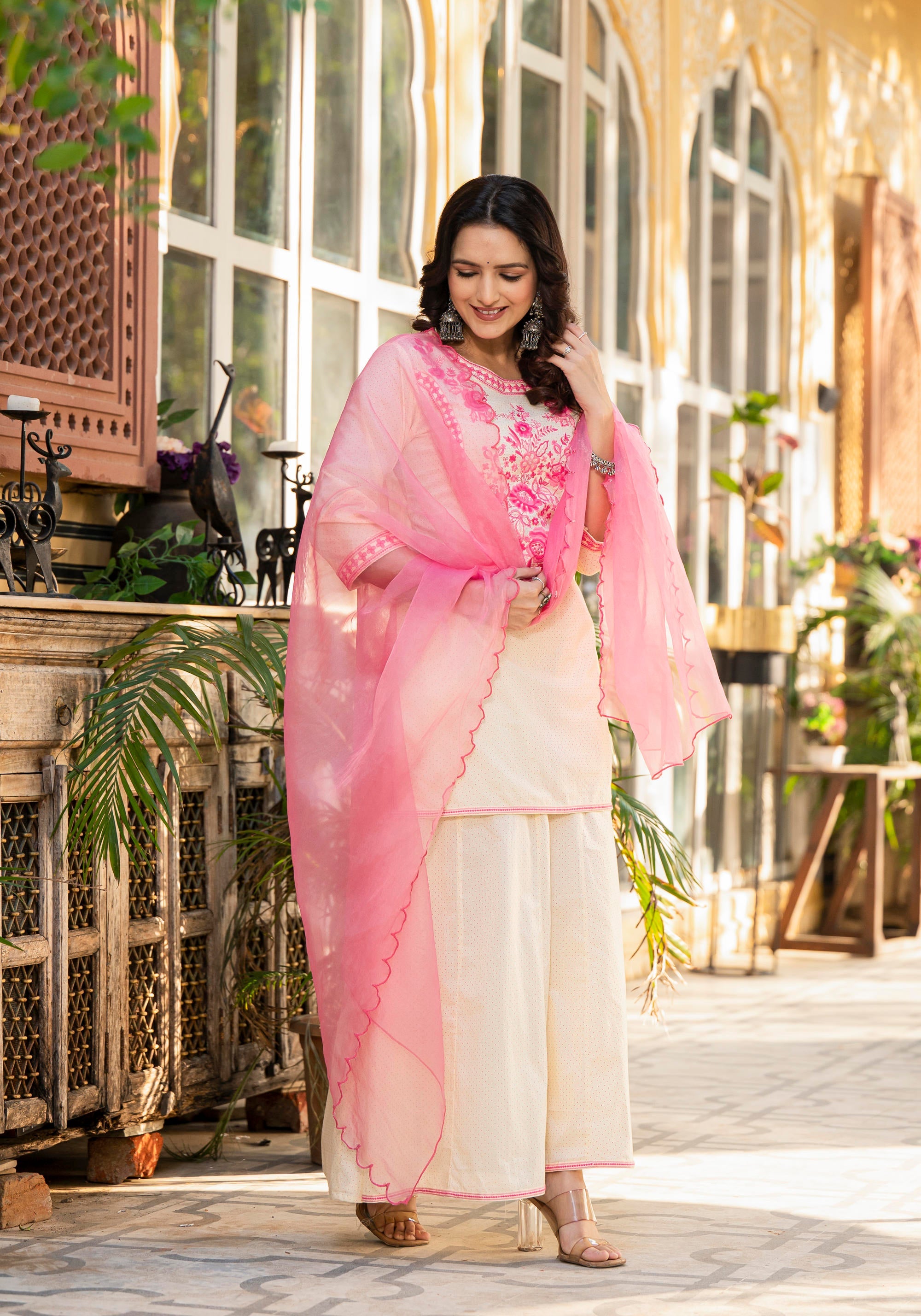 Juniper Ivory Ethnic Motif Printed Cotton Kurta Palazzo And Dupatta Set With Thread & Mirror Work - Distacart