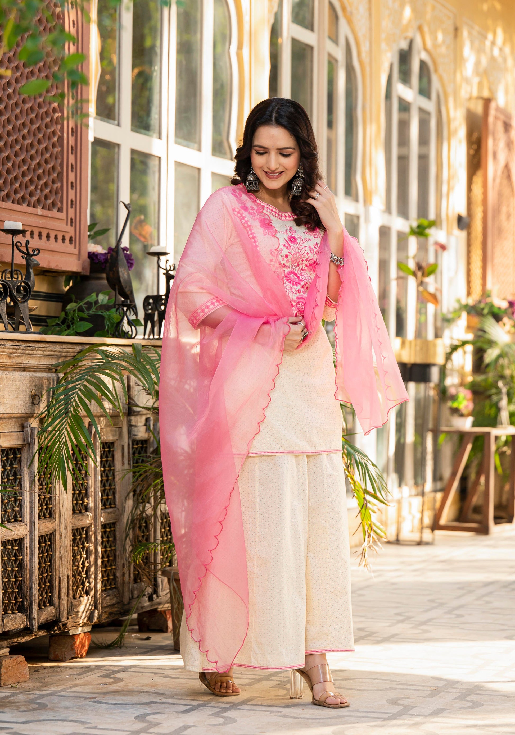 Juniper Ivory Ethnic Motif Printed Cotton Kurta Palazzo And Dupatta Set With Thread & Mirror Work - Distacart